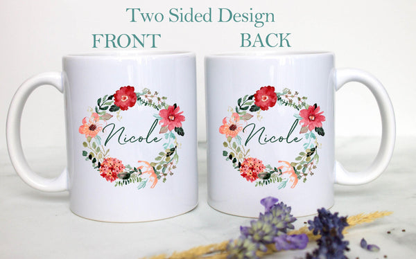 Red Floral Floral Wreath with Custom Name - White Ceramic Mug
