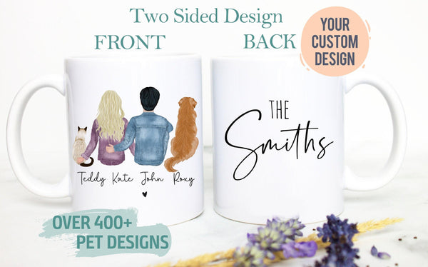 Custom Couple Pet Portrait Mug #3, Cat Dog Lover Dog Mom Dad, Pet Owner Gift, Cat Lady, Pet Memorial Loss, Cat Dog Family Gift, Couple Gift
