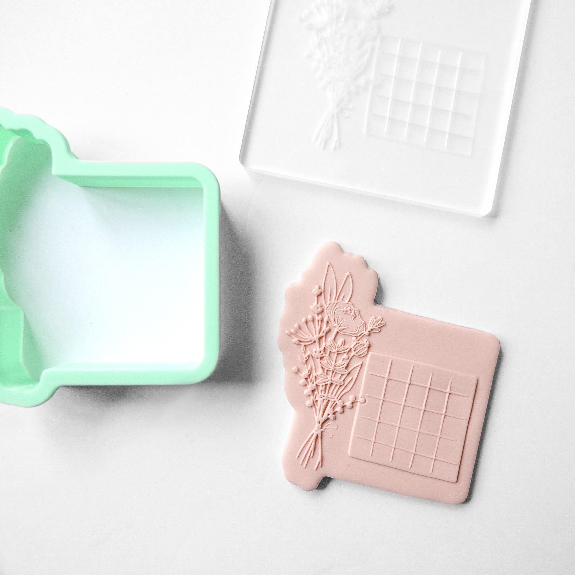 Floral Square Save the Date Fondant Embosser Stamp and Cutter