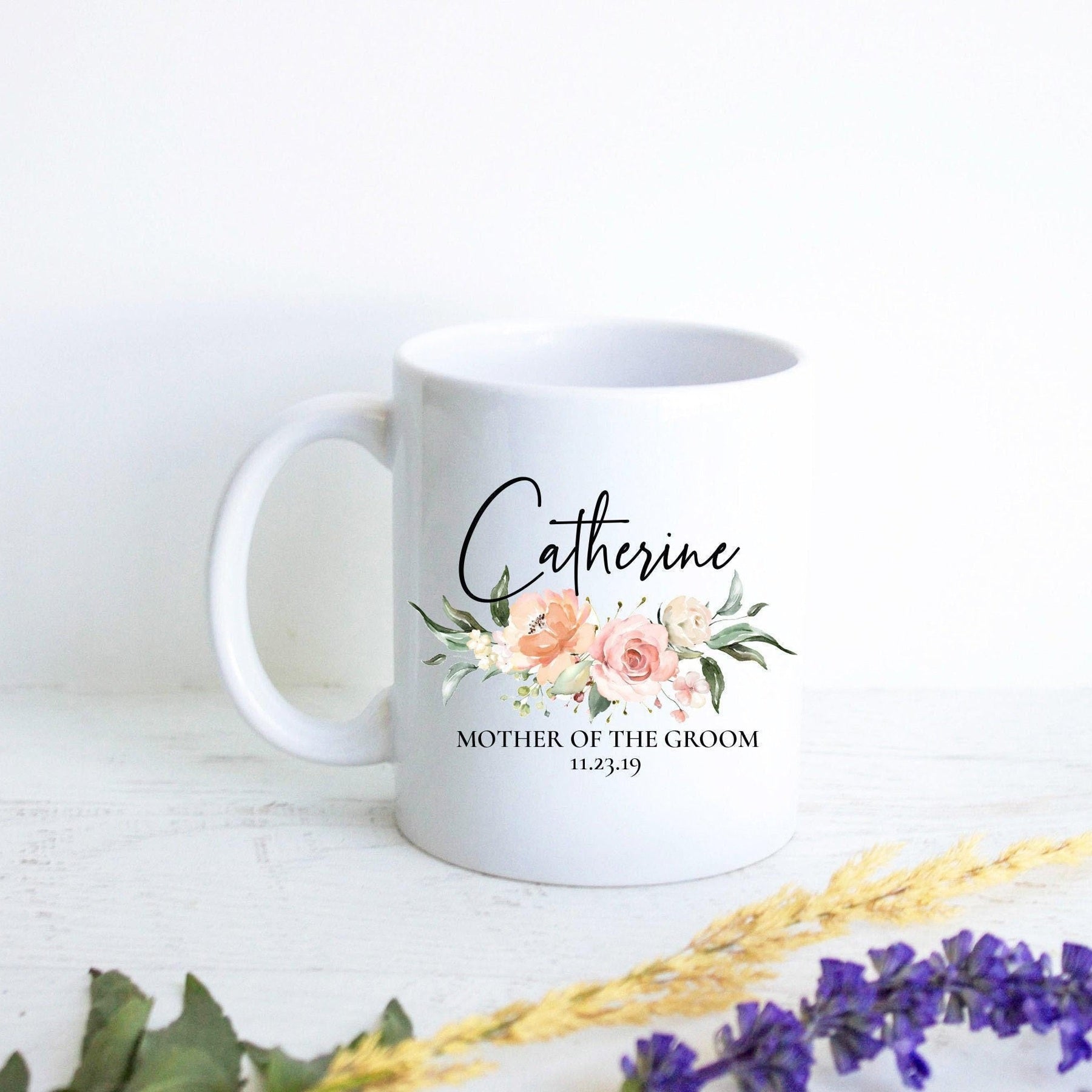 Light Peach Pink Floral Mother of the Groom Custom Name and Date - White Ceramic Mug