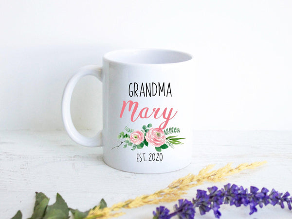 Pink Floral Personalized Grandma Name EST - White Ceramic Mug