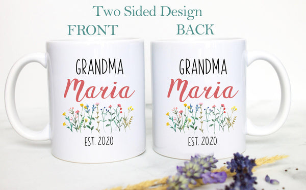 Wildflower Personalized Grandma Name EST - White Ceramic Mug