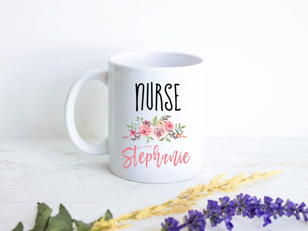 Nurse Floral Monogram With Custom Name - White Ceramic Mug