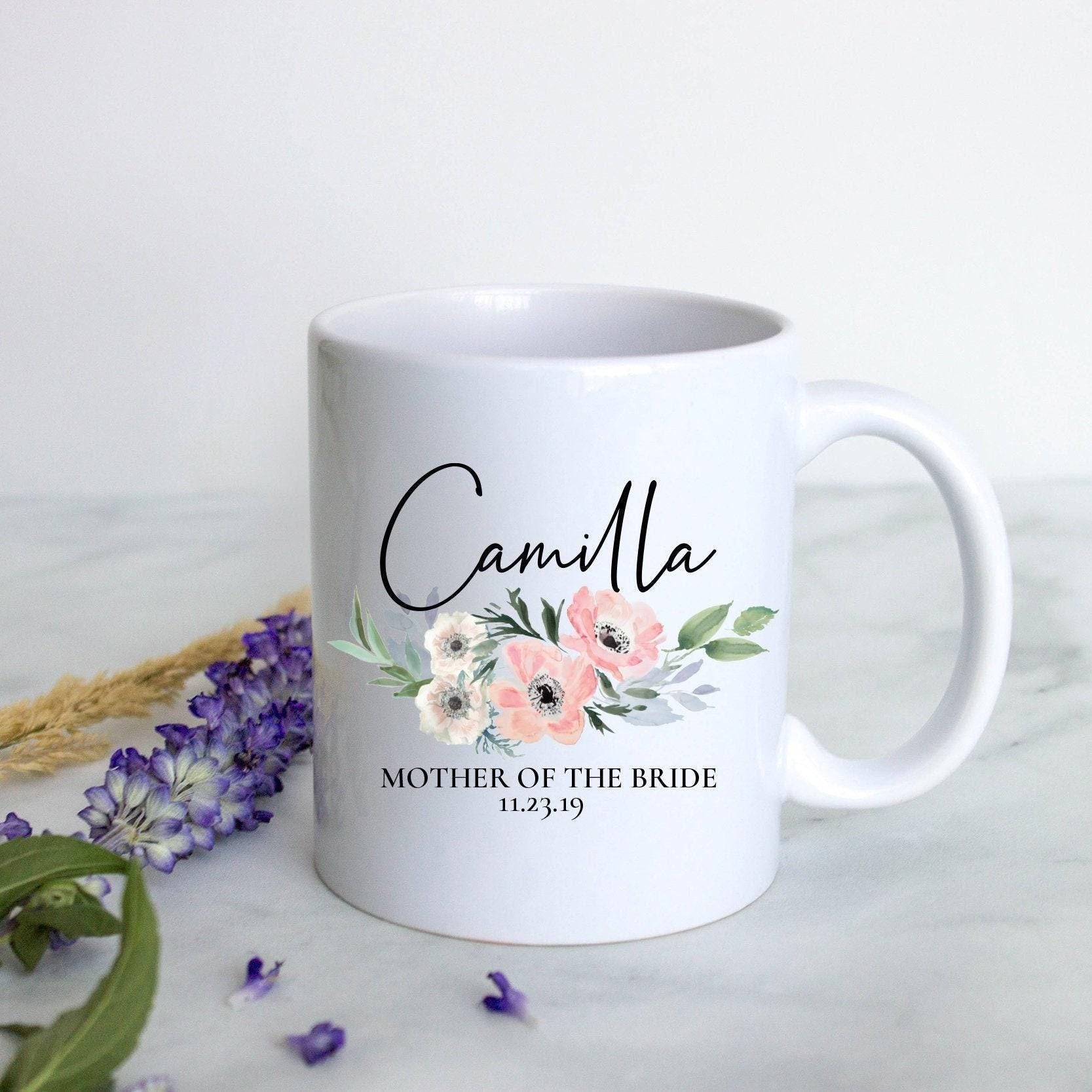 Pink Blush Floral Mother of the Bride Custom Name and Date - White Ceramic Mug