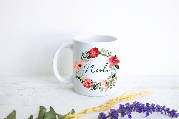 Red Floral Floral Wreath with Custom Name - White Ceramic Mug