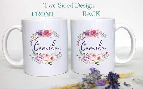 Pink and Purple Floral Wreath with Custom Name - White Ceramic Mug