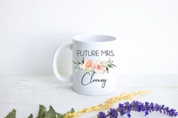 Future Mrs. Peach Floral Custom Name - White Ceramic Mug