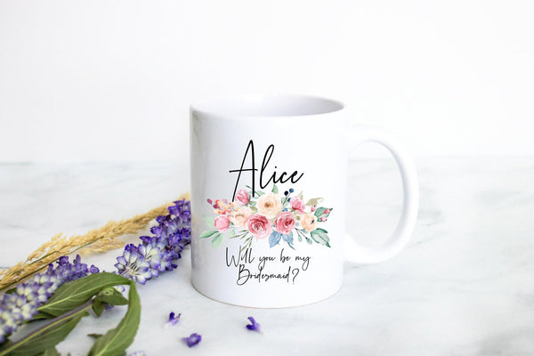 Peach Floral Will You Be My Bridesmaid Custom Name and Date - White Ceramic Mug