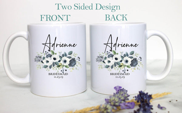 Blue Floral Bridesmaid Custom Name With Date - White Ceramic Mug