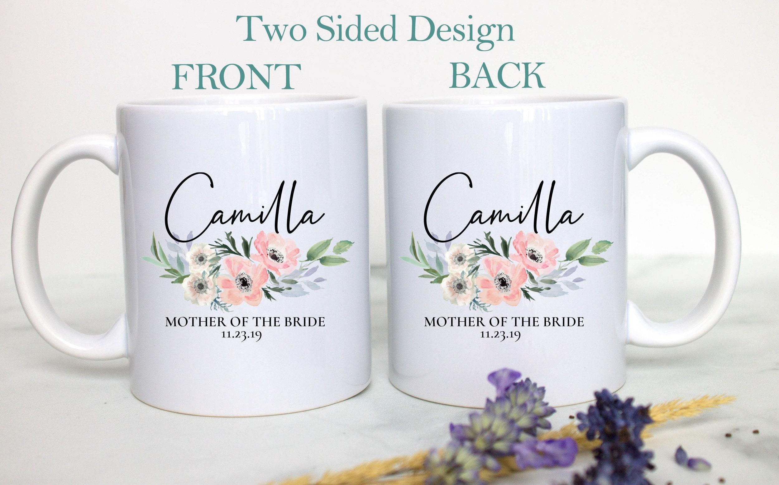 Pink Blush Floral Mother of the Bride Custom Name and Date - White Ceramic Mug