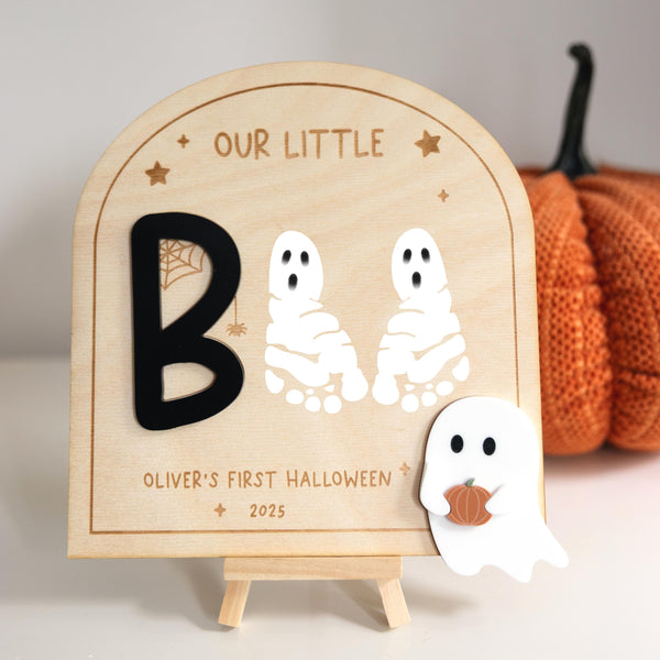 Baby's First Halloween Footprint Sign with Stand | Our Little Boo, Halloween Footprint Keepsake, Halloween Crafts for Kids, Halloween Decor