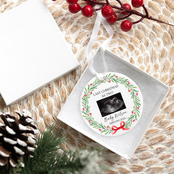 Personalized Expecting Baby Ornament 2025 | Last Christmas as Two, Ceramic Sonogram Baby's First Christmas Ornament, New Baby Ornament
