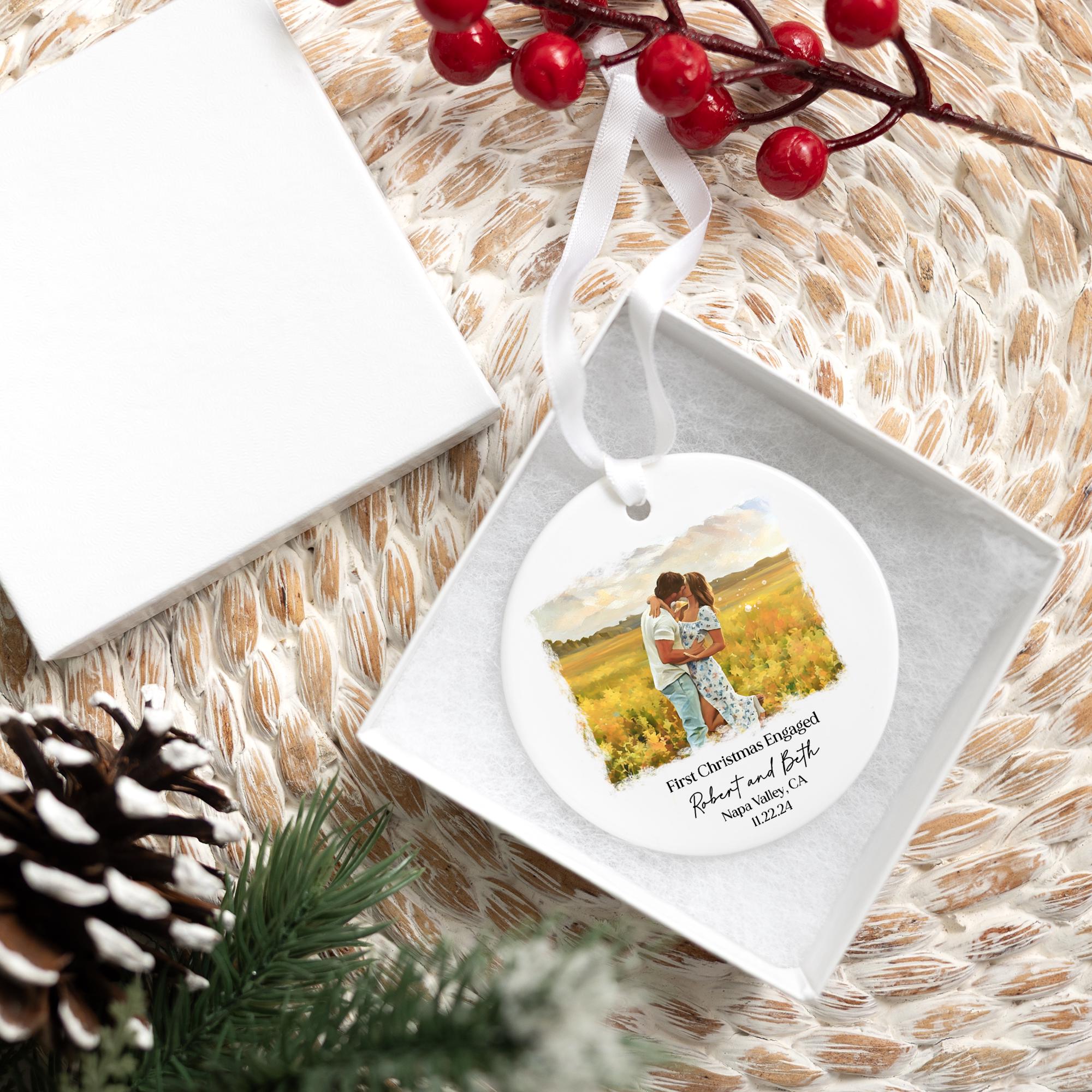 Personalized First Christmas Engaged Custom Photo Ornament 2025 | Ceramic Engagement Keepsake, Couples Ornament, Engagement, Newly Engaged