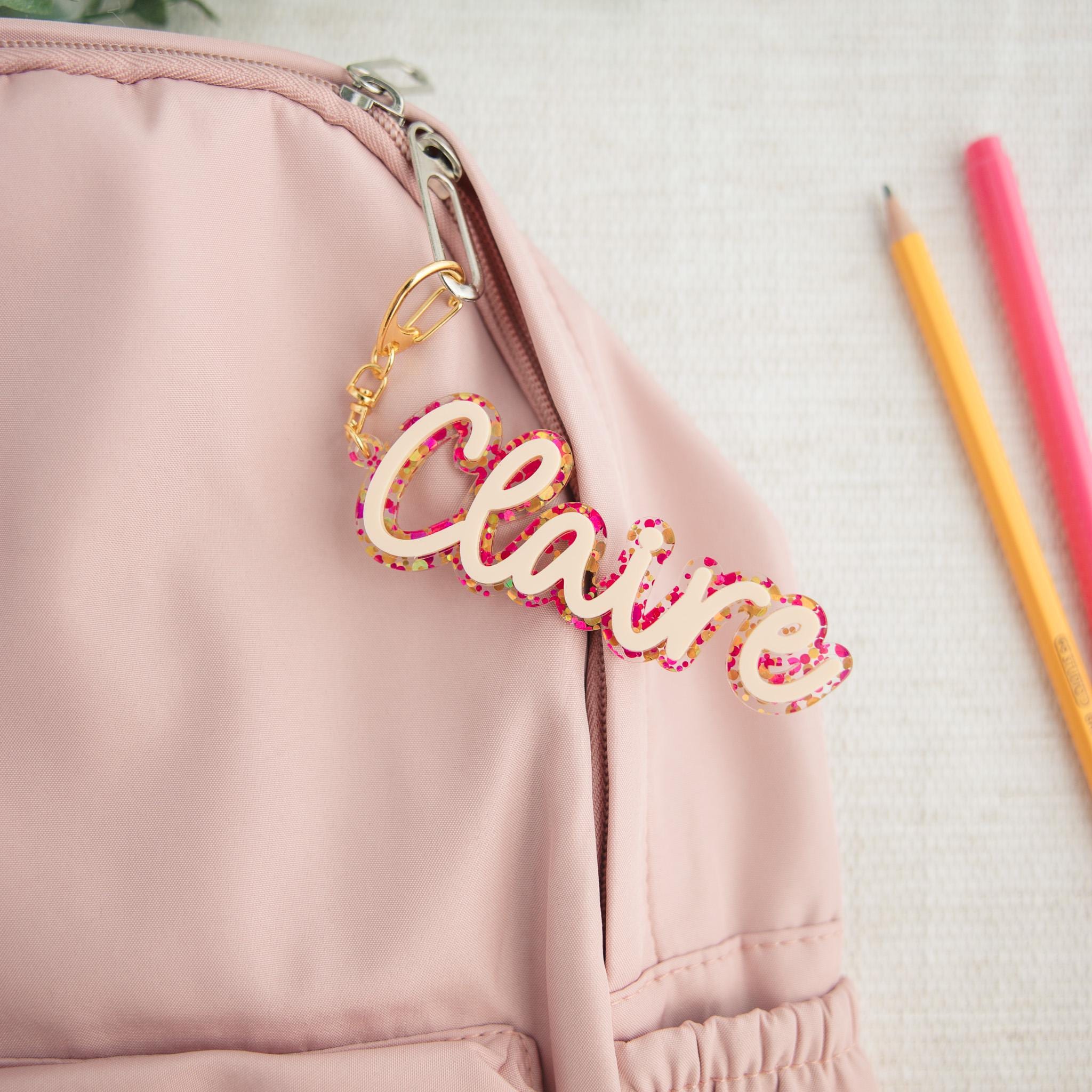 Personalized Backpack Name Tag, Kids Name Keychain, Custom Acrylic Bag Tag, Glitter Backpack Charm, Lunch Box Daycare Bag Tag