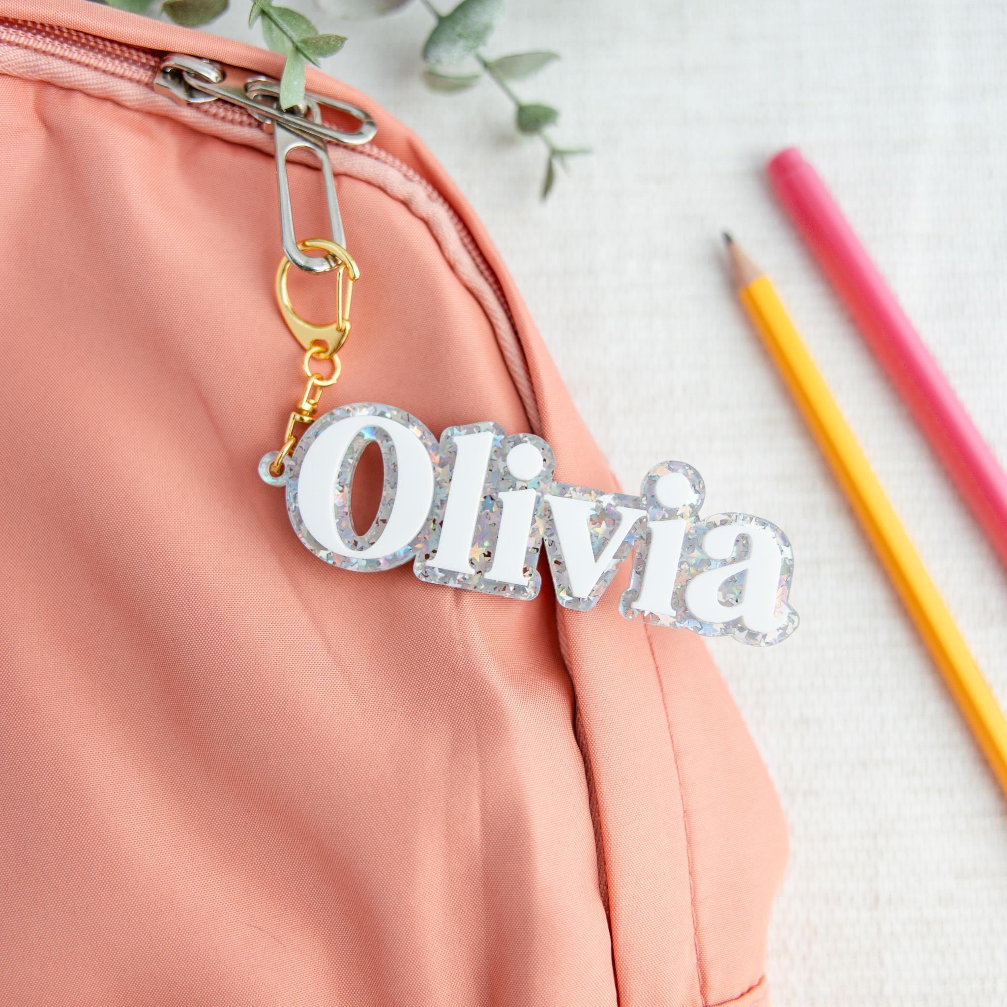 Personalized Backpack Name Tag, Kids Name Keychain, Custom Acrylic Bag Tag, Glitter Backpack Charm, Lunch Box Daycare Bag Tag