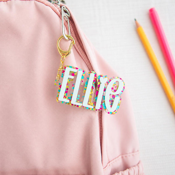Personalized Backpack Name Tag, Kids Name Keychain, Custom Acrylic Bag Tag, Glitter Backpack Charm, Lunch Box Daycare Bag Tag