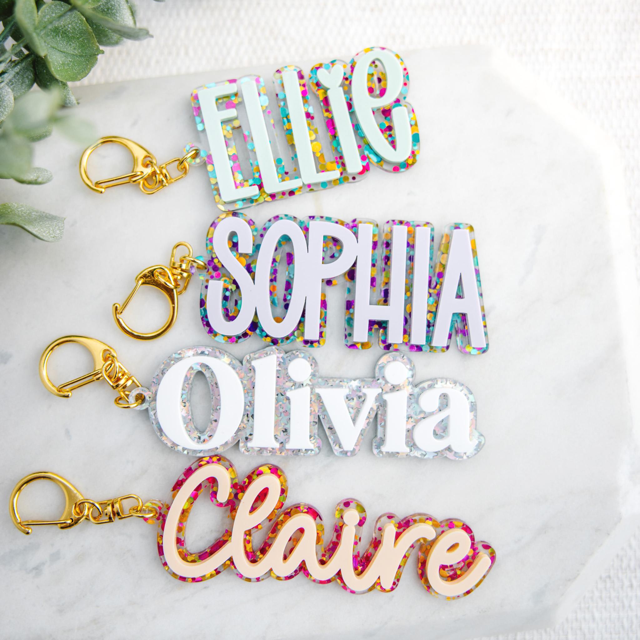 Personalized Backpack Name Tag, Kids Name Keychain, Custom Acrylic Bag Tag, Glitter Backpack Charm, Lunch Box Daycare Bag Tag