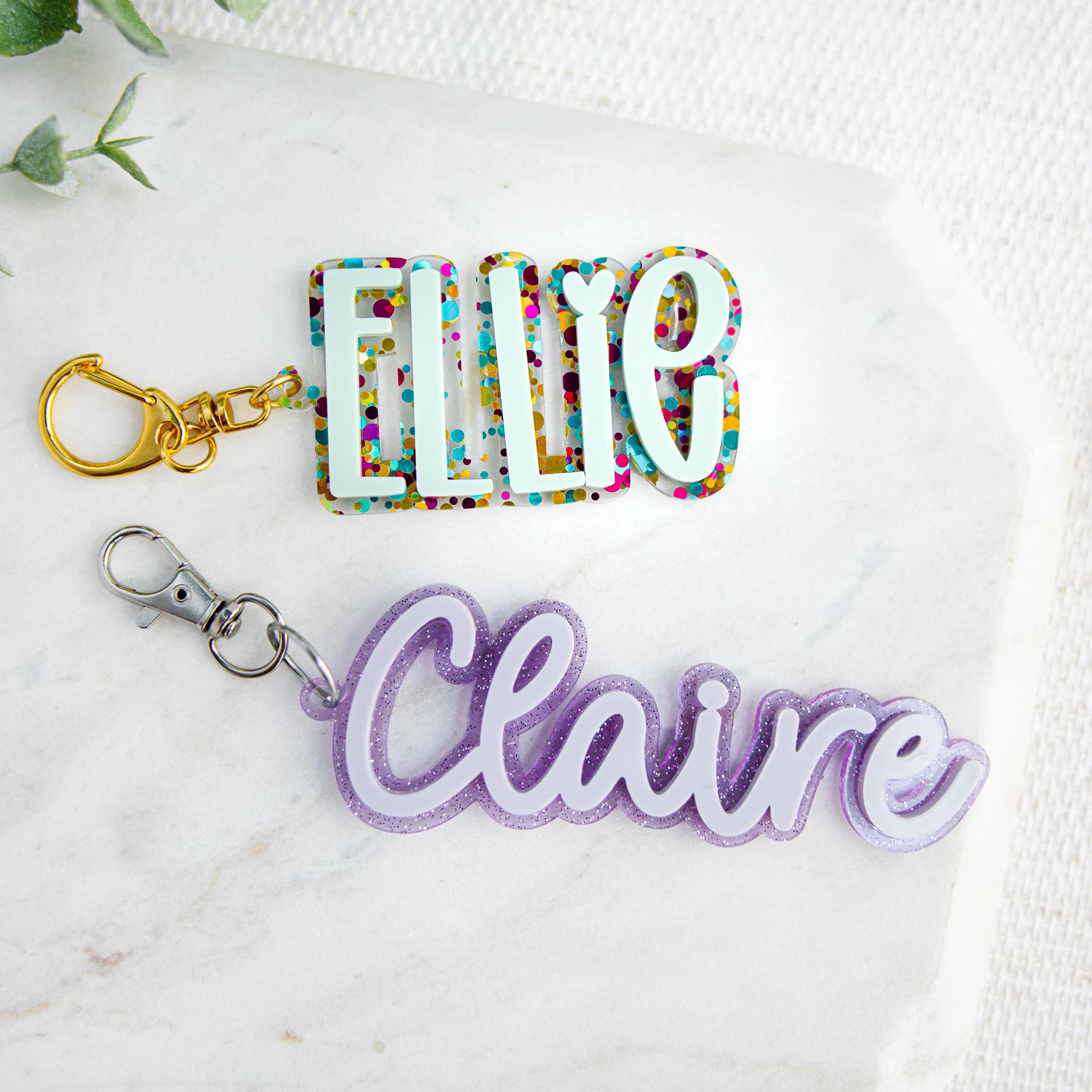 Personalized Backpack Name Tag, Kids Name Keychain, Custom Acrylic Bag Tag, Glitter Backpack Charm, Lunch Box Daycare Bag Tag